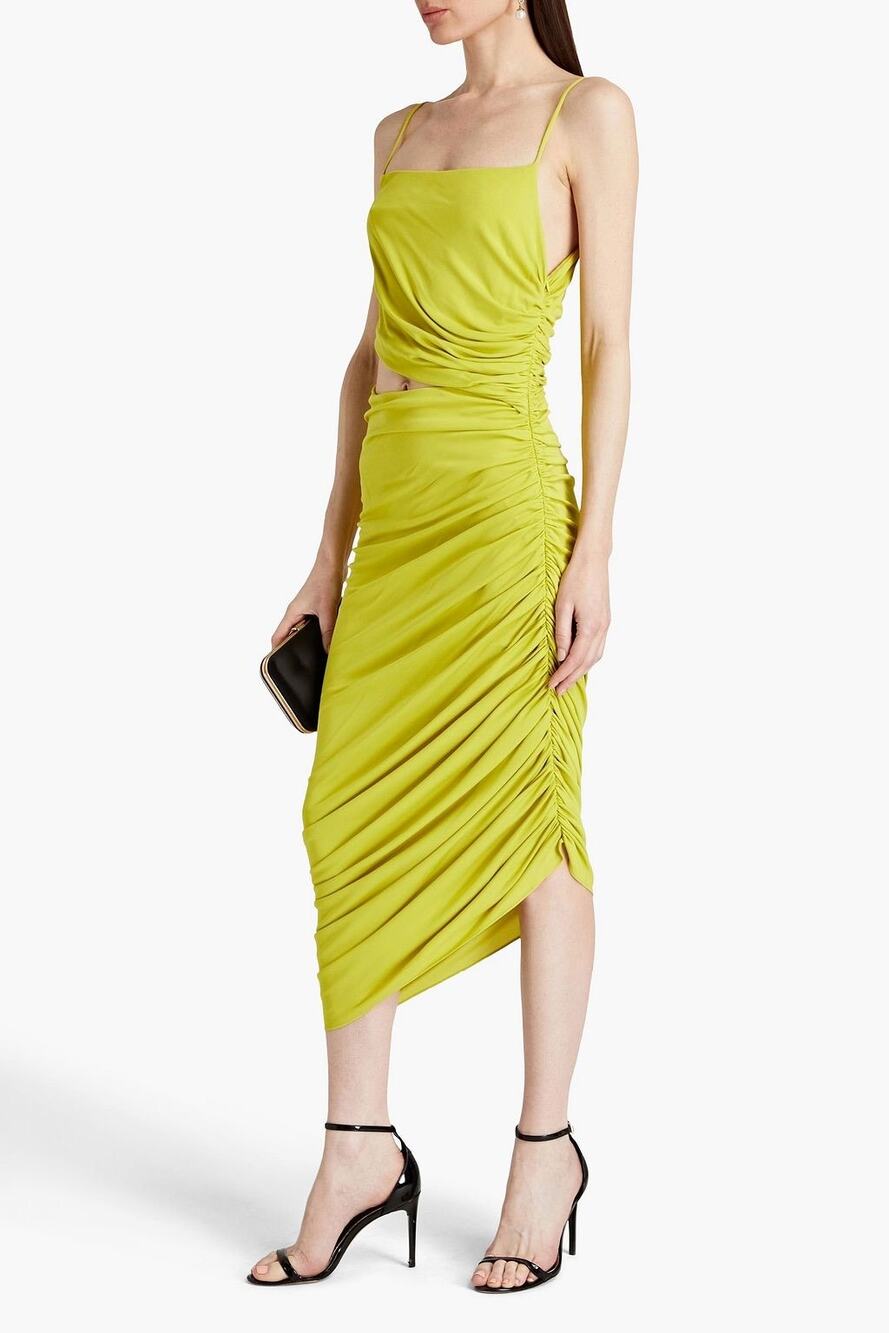 Halston Averie Jersey Draped Asymmetric Cut Out Midi Dress Sulfur Size 16